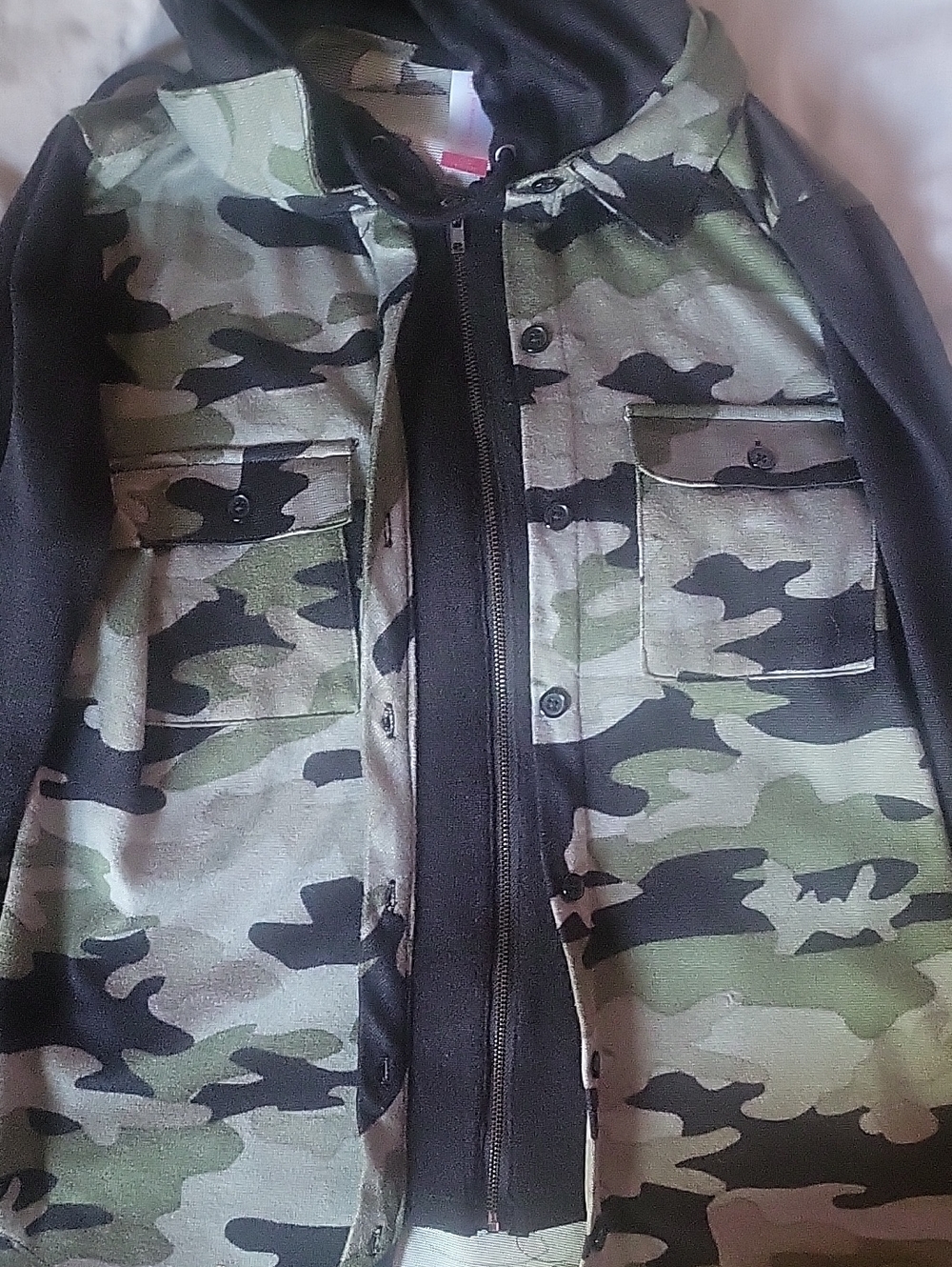Layered Camo Vest Zip Up with Black Sleeves & Hood